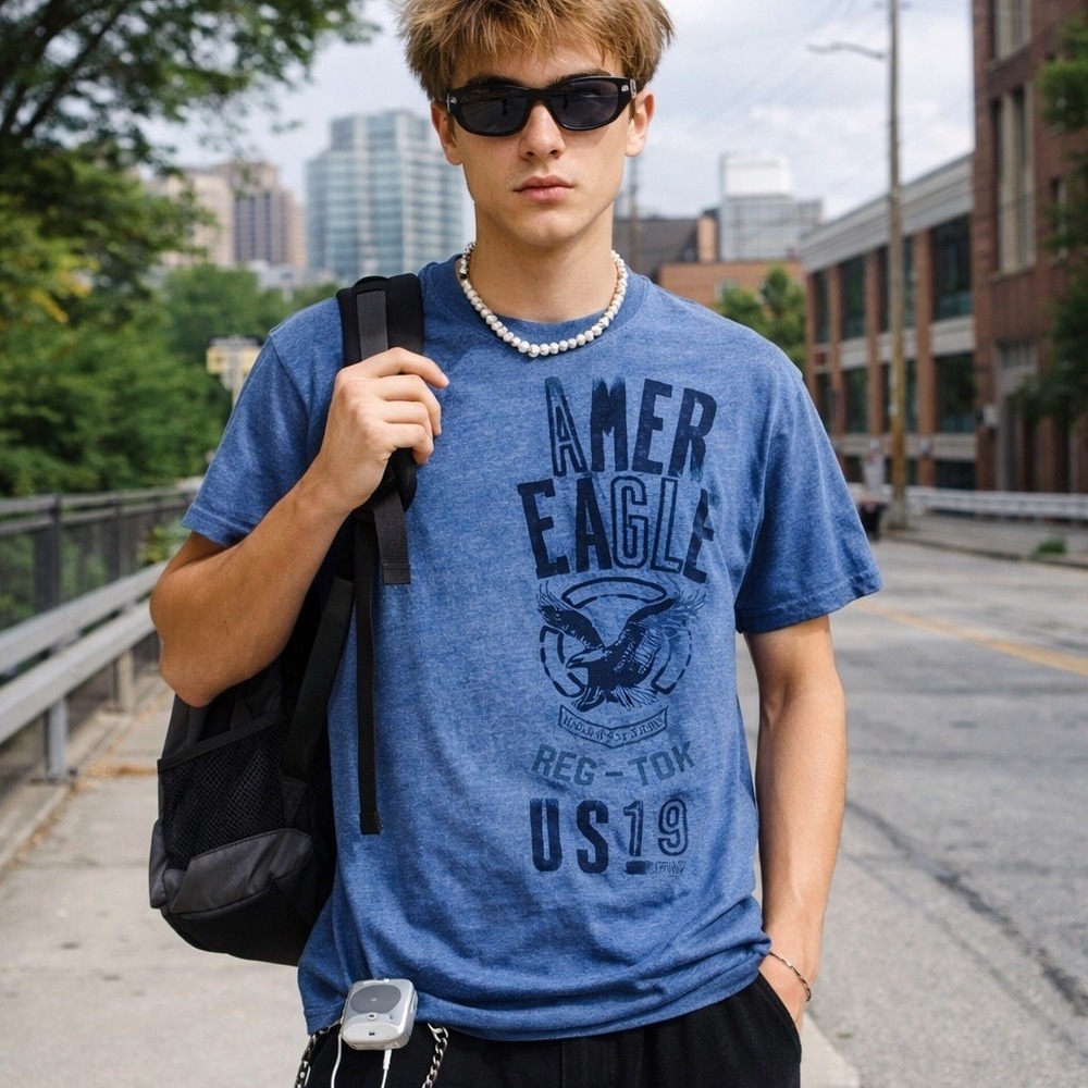 American Eagle Y2K Graphic Tee Shirt Mens XL Blue Burnout Logo‎ Skater Emo 2010s
